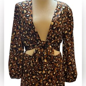 NWT Express x Lady Gang Leopard Print Gold Black Front Tie Satin-Like Top Size L